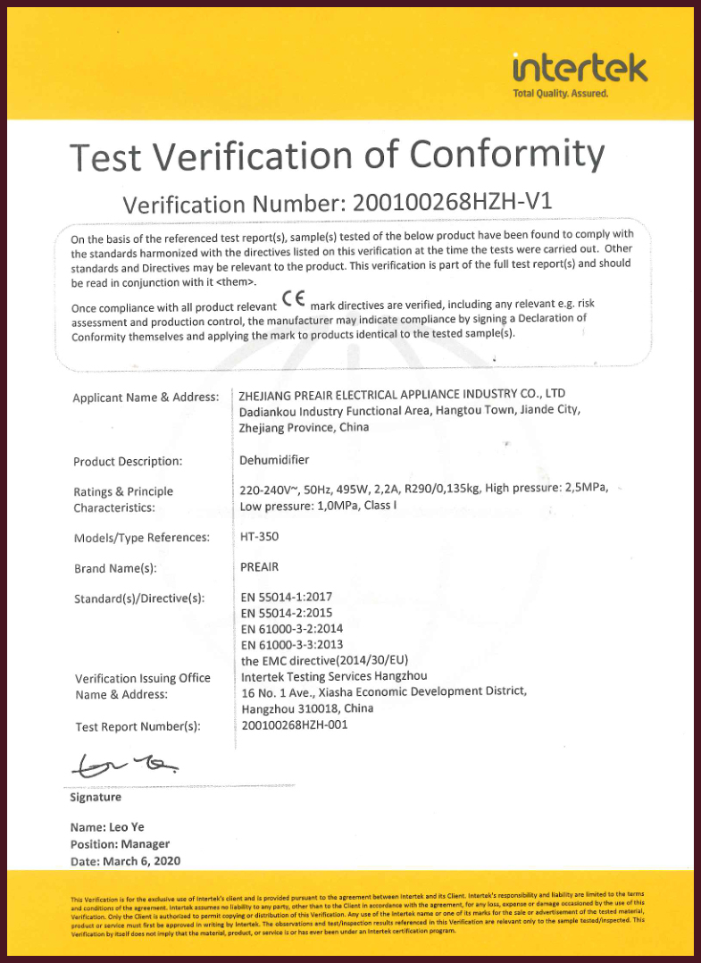 Test Verification of Conformity of Preair Dehumidifier