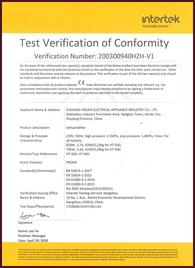 Test Verification for Preair Dehumidifier